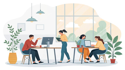 Obraz premium Diverse team collaborates in a modern office space, working efficiently on computers and discussing projects. Ideal for business, technology, and teamwork concepts.