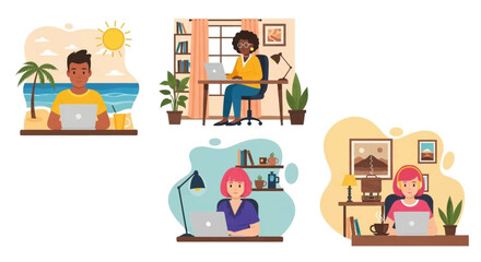 Diverse people work remotely from various locations, showcasing flexible business and modern lifestyle. Ideal for concepts of freedom, travel, and digital employment.