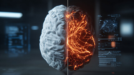 Brain with glowing neural network and digital data visualization, futuristic technology concept with glowing connections and scientific interface