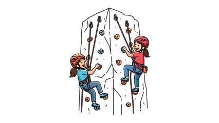 Rock Climbing Adventure: Two young climbers with helmets on ascend a rock wall, showcasing a vibrant display of teamwork and determination in this illustration