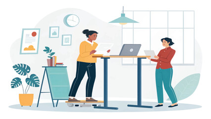 Two colleagues collaborate in a modern office using a standing desk and active workstation, promoting productivity and healthy work habits.