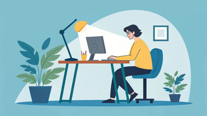 A person works diligently at a desk with a computer and lamp, surrounded by plants in a modern home office. Ideal for remote work, productivity, and lifestyle concepts.