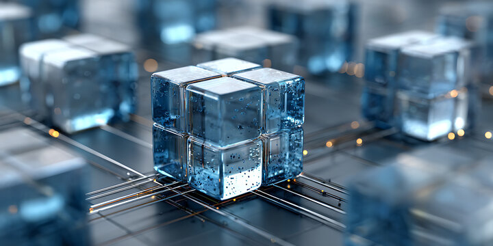 Fototapeta Transparent blue glass cube with bubbles on reflective surface with metallic lines and blurred cubes in background, creating futuristic feel