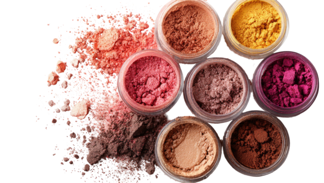 Colorful eyeshadow and blush powder jars, scattered powder
