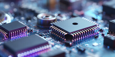 Microchip close up on circuit board with glowing blue and purple light, showing detailed electronic components and connections