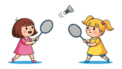 Badminton Buddies: Two animated children playfully engage in a badminton match, their rackets poised to strike the shuttlecock amidst a vibrant atmosphere of sport and recreation.
