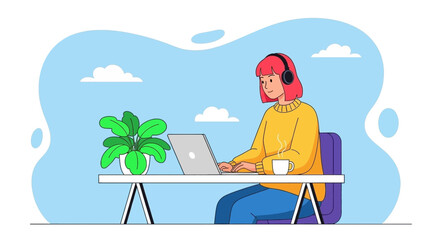 Young woman wearing headphones works productively on her laptop at a desk with a plant and coffee, depicting remote work or online study.
