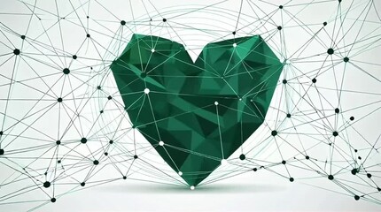 Abstract geometric heart shape design with green tones and connecting lines representing love and technology in a modern digital art style - Powered by Adobe