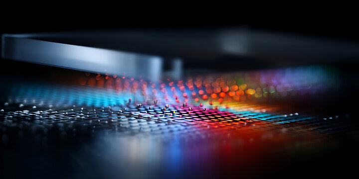 Colorful digital data visualization with glowing dots and grid pattern on dark background