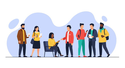 Diverse group of professionals or students collaborating and networking. Represents teamwork, communication, and modern digital interaction in business or education.