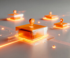 Digital orange location markers on glowing futuristic circuit board, symbolizing technology, navigation, and connectivity in modern network system