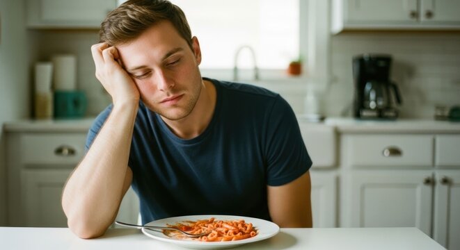 Tired young man, pasta, unappetizing meal