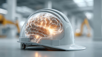Innovative safety training for construction workers safety site image of a hard hat with brain design bright environment close-up view mental awareness