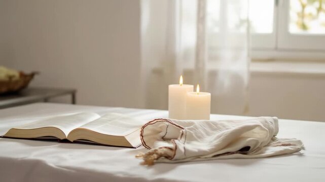 Lit candles, an open book, and a prayer shawl create a serene yom kippur atmosphere on a table