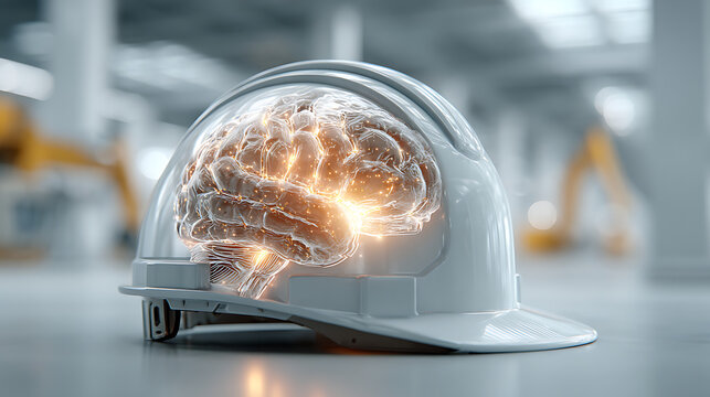 Innovative safety training for construction workers safety site image of a hard hat with brain design bright environment close-up view mental awareness
