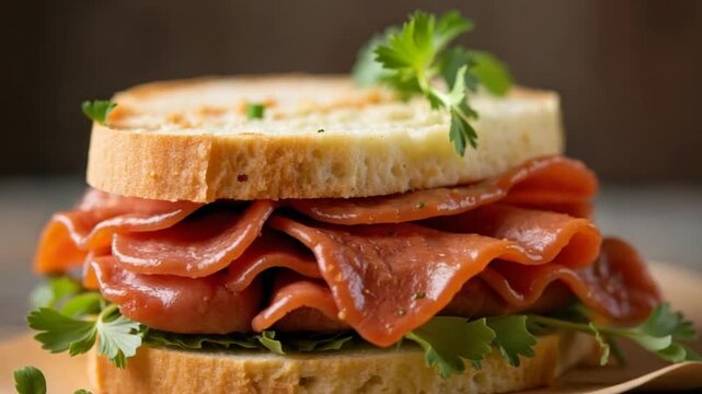 Sandwich With Smoked Chicken Salami on table
