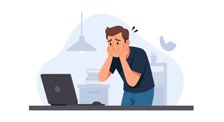 Stressed man looking at laptop, feeling overwhelmed by work or bad news. Represents business pressure, digital fatigue, or technical issues.