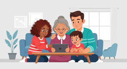 Multi-generational family happily uses a tablet together in a bright living room, fostering connection and learning. Ideal for lifestyle, technology, and family bonding concepts.