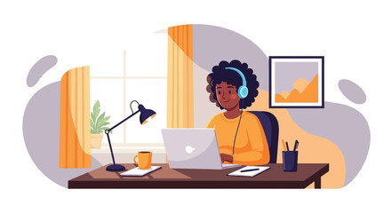 Smiling person working efficiently from a comfortable home office, focused on their laptop with headphones. Ideal for remote work, business, or modern lifestyle themes.