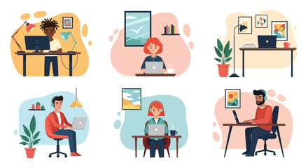 Diverse individuals working remotely from their home offices, utilizing laptops and desktops. Represents modern work, online learning, and flexible business.