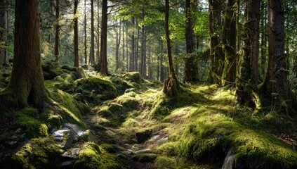 Obraz premium Sunlight filters through mossy forest floor