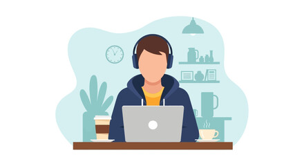 Person with headphones focused on a laptop, depicting remote work, online learning, or a digital lifestyle in a relaxed setting.