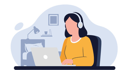 Woman wearing headphones working on laptop from home, representing remote work, online learning, or virtual communication in a modern, productive environment.