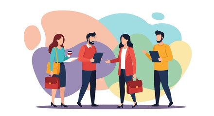 Diverse business professionals collaborate and discuss ideas, illustrating teamwork, meetings, and corporate communication in a modern setting.