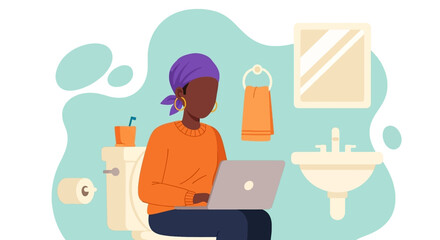 African American woman multitasking, working on her laptop while sitting on a toilet in a bathroom. Represents remote work challenges, flexibility, and modern lifestyle.