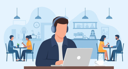 Young man focused on his laptop with headphones in a lively cafe, representing remote work, flexible lifestyle, digital nomad, or study.