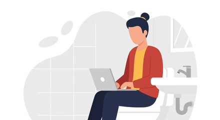 Person using a laptop while sitting on the toilet in a bathroom. Represents remote work, multitasking, and modern digital lifestyle.