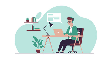 Fototapeta premium Focused person in headphones working remotely on a laptop at a stylish desk. Represents productivity, online learning, and modern work-life balance.