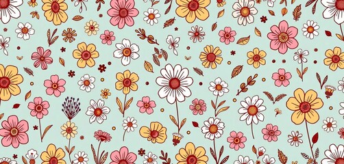 Naklejka premium Universal hand-drawn floral doodles; seamless vector patterns for home decor, cards, kids' designs, kids, template