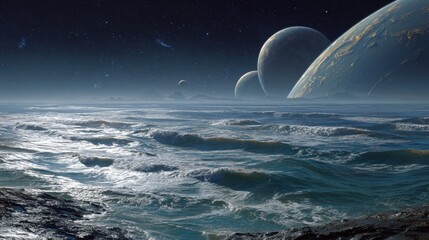 Alien Seascape - Celestial Bodies and Turbulent Waters Under a Starry Sky.