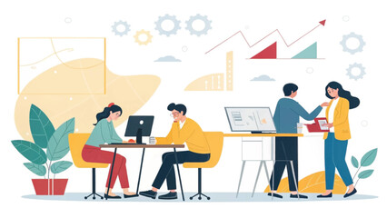 Diverse team collaborates in a modern office, symbolizing business growth, strategy, and efficient teamwork in a dynamic corporate environment.