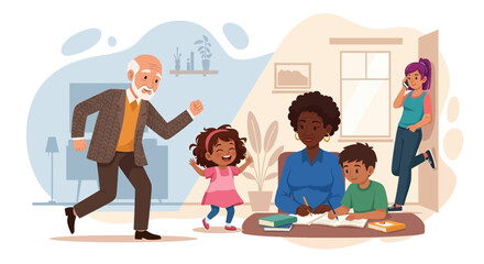 Happy multi-generational family enjoying home life. Elder plays with a child, a woman helps a boy with homework, and another adult uses a phone. Represents education and domestic connection.