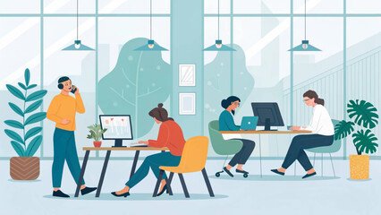 Diverse professionals collaborating and working efficiently in a modern, bright office environment. Ideal for showcasing teamwork, productivity, and contemporary business lifestyle.