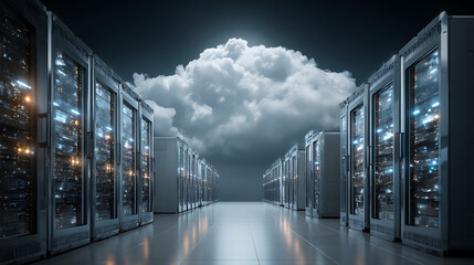 Cloud technology infrastructure data center digital environment high-tech facility virtual viewpoint modern networking solutions