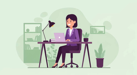 Smiling professional woman working productively on her laptop in a modern office, representing business, remote work, and career success.