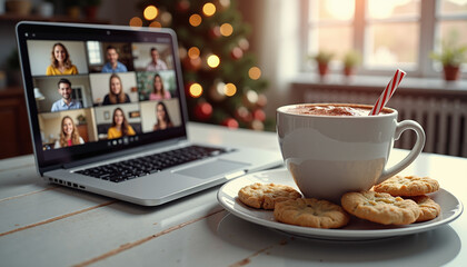 Cozy virtual Christmas gathering with hot chocolate and cookies  