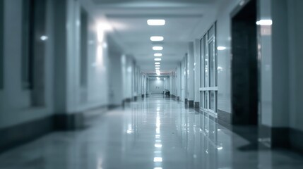 Fototapeta premium A long, empty corridor with polished floors and bright lights, offering a serene atmosphere and modern architectural design.