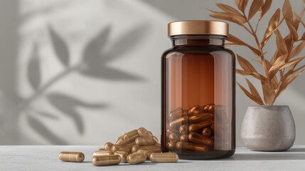 Amber Supplement Bottle with Capsules, Plant, and Shadow Play, Health and Wellness Concept.