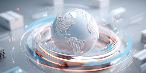 Digital globe with pixelated continents surrounded by glowing circular rings, symbolizing global technology and connectivity in futuristic style