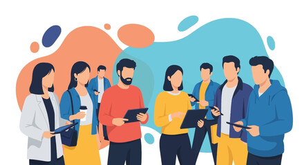 Diverse group of professionals and individuals collaborating and communicating digitally. Ideal for business, teamwork, networking, and modern digital lifestyle concepts.