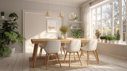 Scandinavian dining room, light wooden dining table, white chairs, minimalist pendant lights, plants for freshness, natural daylight, warm cozy atmosphere