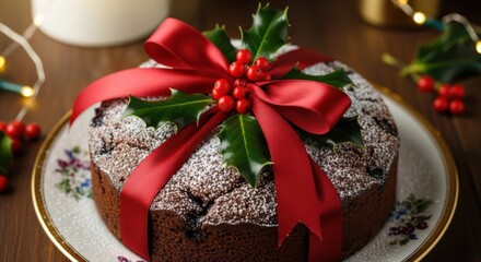 Naklejka premium Delicious Homemade Christmas Fruitcake with Red Ribbon and Holly Decoration