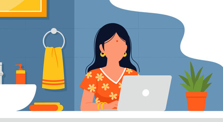 Modern Indian woman working on a laptop in a vibrant home bathroom setting. Concept of flexible remote work, digital lifestyle, and productivity from anywhere.