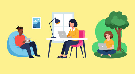 Diverse people working remotely from various locations – home, office, and outdoors – showcasing flexible modern work culture and digital connectivity.