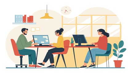 Diverse team working diligently on computers in a contemporary office setting, highlighting collaboration, innovation, and digital workflow.