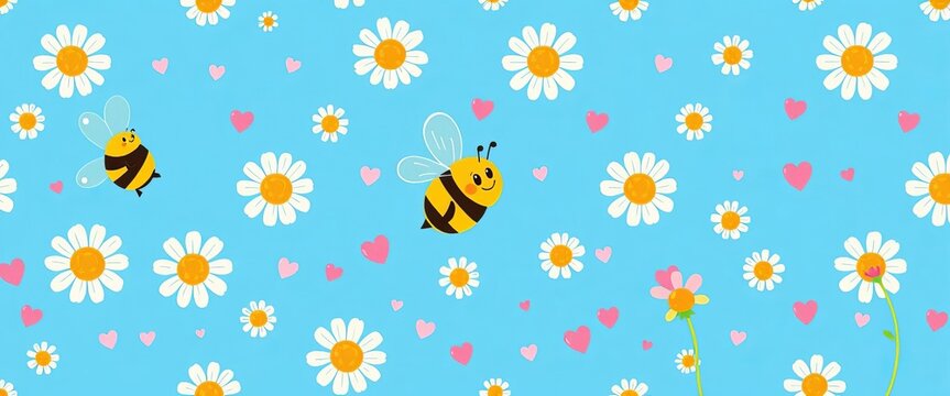 Fototapeta Cute cartoon bee and daisy seamless pattern with tiny hearts on blue background,  graphic,  wallpaper